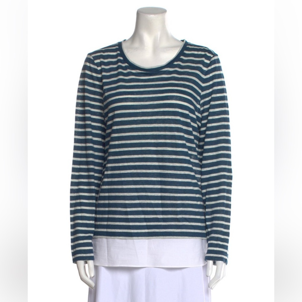 Tory Burch 100% linen teal and white striped long sleeve crew neck shirt luxury